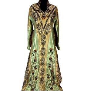 Luxurious Beaded Kaftan Maxi Dress Gold Green Abaya Modest Islamic Formal